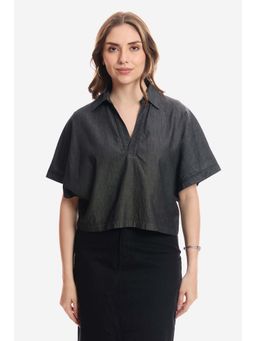 Virgio - Solid Cotton Half Sleeve Denim Top For Women