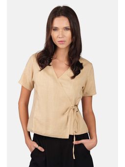 Virgio - Solid Linen V-Neck Wrap Top With Tie-Up Detail For Women