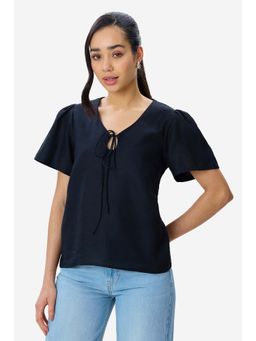 Virgio - Solid Cotton V-Neck Puff Sleeve Top For Women