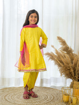 Fairies Forever - Yellow Kalidar Kurta Dhoti with Dupatta (Set of 3)