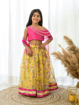 Fairies Forever - Yellow Organza Lehenga with Pink Choli and Dupatta (Set of 3)