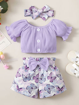 Hopscotch - Girls Purple Graphic Print Blouse and Shorts Set with Headband