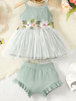 Hopscotch - Girls Mint and White Floral Applique Blouse and Shorts Set