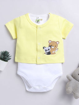 Hopscotch - Unisex Yellow and White Teddy Bear Embroidered Onesie and Shrug Overall Set