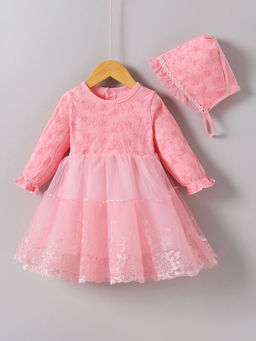 Hopscotch - Girls Pink Floral Embroidered Full-Sleeve Party Dress with Cap