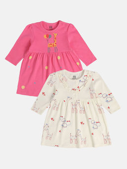Hopscotch - Girls Pink and Beige Giraffe Print Full-Sleeve Cotton Casual Dresses - Pack of 2