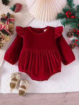 Hopscotch - Girls Maroon Ruffled Peasant Sleeve Onesie