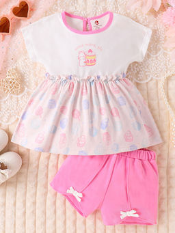 Hopscotch - Girls Pink and White All-Over Print Bow Applique Blouse and Shorts Set