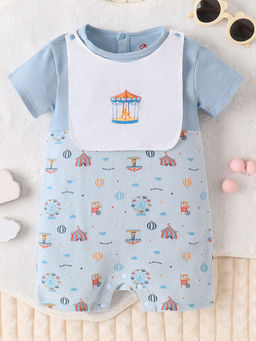 Hopscotch - Boys Blue All-Over Print Romper with Embroidery Detail