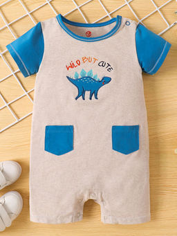 Hopscotch - Boys Beige and Blue Dino Embroidered Romper