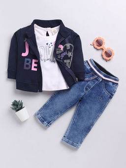 Hopscotch - Girls Navy and White Text Print Cotton T-shirt, Sweatshirt and Jeans Set