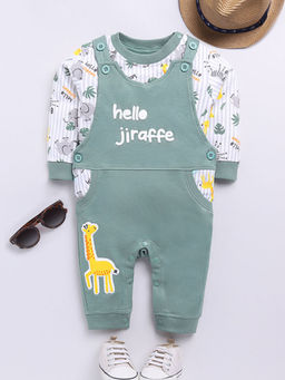 Hopscotch - Boys White and Grey Animal Print Cotton T-shirt and Dungaree Overall Set