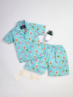 Hopscotch - Boys Blue Juice Print Cotton Shirt and Shorts Sleepwear Set
