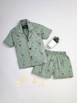 Hopscotch - Boys Green Zebra Print Cotton Shirt and Shorts Sleepwear Set