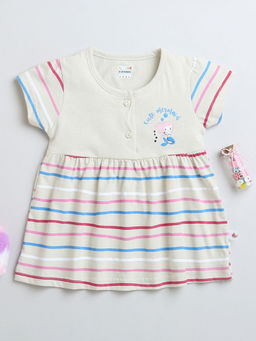 Hopscotch - Girls Beige Stripe Print Cotton Casual Dress