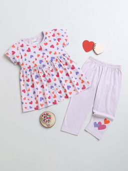 Hopscotch - Girls Lilac Heart Print Cotton Casual Dress and Leggings Set