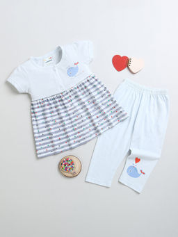 Hopscotch - Girls Blue Polka-Dot Print Cotton Casual Dress and Leggings Set