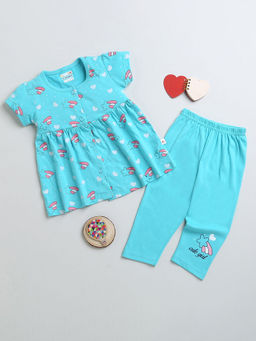 Hopscotch - Girls Turquoise Rainbow Print Cotton Casual Dress and Leggings Set
