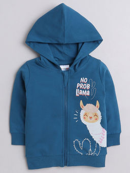 Hopscotch - Girls Teal Llama Print Cotton Hooded Full-Sleeve Sweatshirt