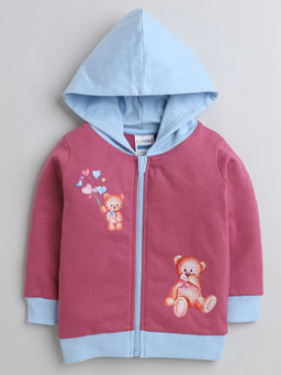 Hopscotch - Girls Pink and Blue Teddy Print Cotton Hooded Full-Sleeve Sweatshirt