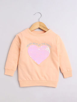 Hopscotch - Girls Peach Heart Sequin Embellished Cotton Full-Sleeve Sweatshirt