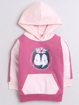 Hopscotch - Girls Purple and Pink Penguin Print Cotton Hooded Full-Sleeve Sweatshirt