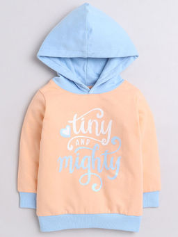 Hopscotch - Girls Orange and Blue Text Print Cotton Hooded Full-Sleeve Sweatshirt