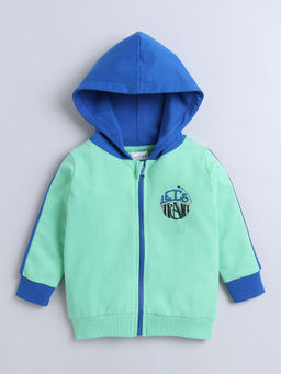 Hopscotch - Boys Mint and Blue Text Applique Cotton Hooded Full-Sleeve Sweatshirt
