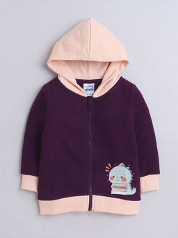 Hopscotch - Girls Pink and Violet Dinosaur Print Cotton Hooded Full-Sleeve Sweatshirt