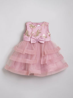 Hopscotch - Girls Pink Sleeveless Solid Slim Fit Party Dress