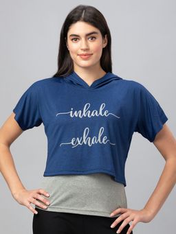 Globus - Women Navy Blue Printed Hood Sports Boxy Fit Crop Top