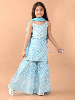 Lilpicks - Ethnic Motif Sleeveless Kurta With Sharara And Dupatta-Blue (Set of 3)