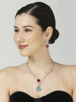 OOMPH - Mint Green & Red American Diamond Necklace Set - Party-Wear