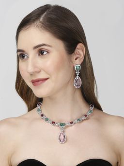 OOMPH - Green & Pink American Diamond Necklace Set - Delicate Look - Party-Wear