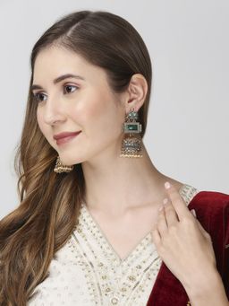 OOMPH - Green Jhumka Earrings - Matte Gold Statement Look