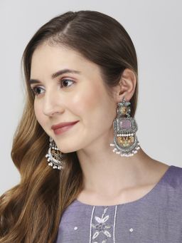 OOMPH - Pink Stone Oxidised Ethnic Drop Earrings - Dual Tone - Party-Wear