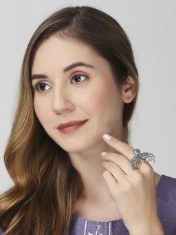OOMPH - Oxidised Silver Ring - Peacock Design - Tribal / Afghan Theme-