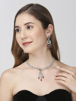 OOMPH - Wine American Diamond Pendant Necklace Set - Statement Design - Party-Wear