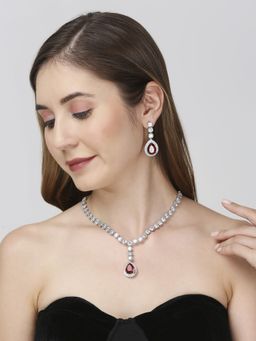 OOMPH - Red American Diamond Pendant Necklace Set - Teardrop Statement Design