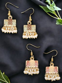 OOMPH - Combo of 2 Green & Pink Meenakari Jhumki Earrings - Palki Design