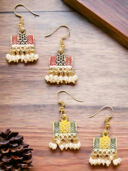 OOMPH - Combo of 2 Pink & Yellow Meenakari Jhumki Earrings - Palki Design