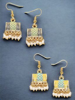 OOMPH - Combo of 2 Green & Yellow Meenakari Jhumki Earrings - Palki Design