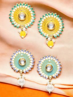 OOMPH - Combo of 2 Turquoise Ferozi Blue & Yellow Meenakari Stud Earrings - Round Shape
