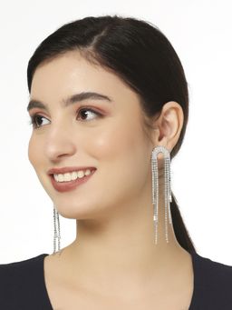 OOMPH - Silver Crystal Long Drop Earrings - Party-Wear