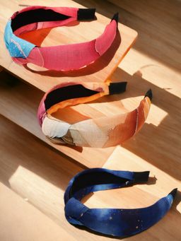 OOMPH - Combo of 3 Pink, Yellow & Blue Knotted Hair Band - Galaxy Print