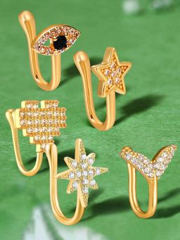 OOMPH - Combo of 5 Gold Nose Pin - Cubic Zirconia Heart, Star, Evil Eye Shape