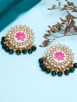 Karatcart - Gold Plated Pink Meena Green Beads Kundan Stud Earrings for Women