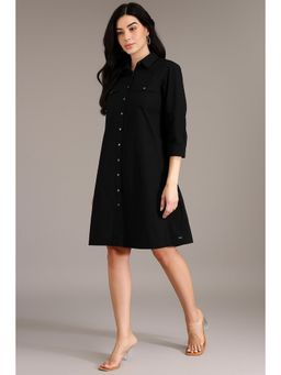 Xpose - Women Solid Black A-Line Button Front Knee Length Shirt Dress