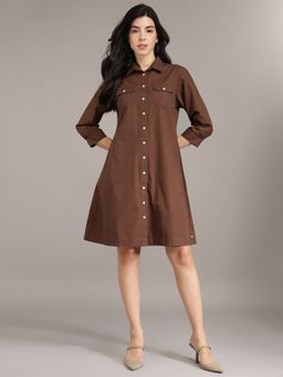 Xpose - Women Solid Brown A-Line Button Front Knee Length Shirt Dress