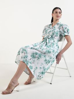 Xpose - Women Mint Green Floral Print Midi Shirt Dress with Waist Belt
